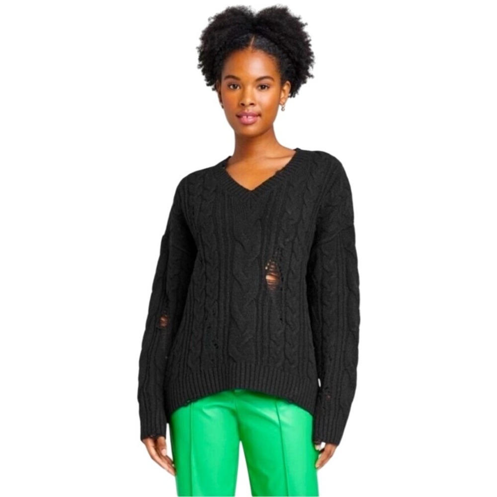 Wild Fable Women's V-Neck Black Distressed Cable Knit Sweater Pullover‎